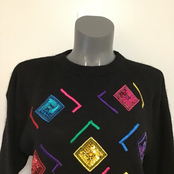 Vintage 90s Santoria Sequined Silk Blend Crew Neck Sweater Size L - Picture 2 of 9